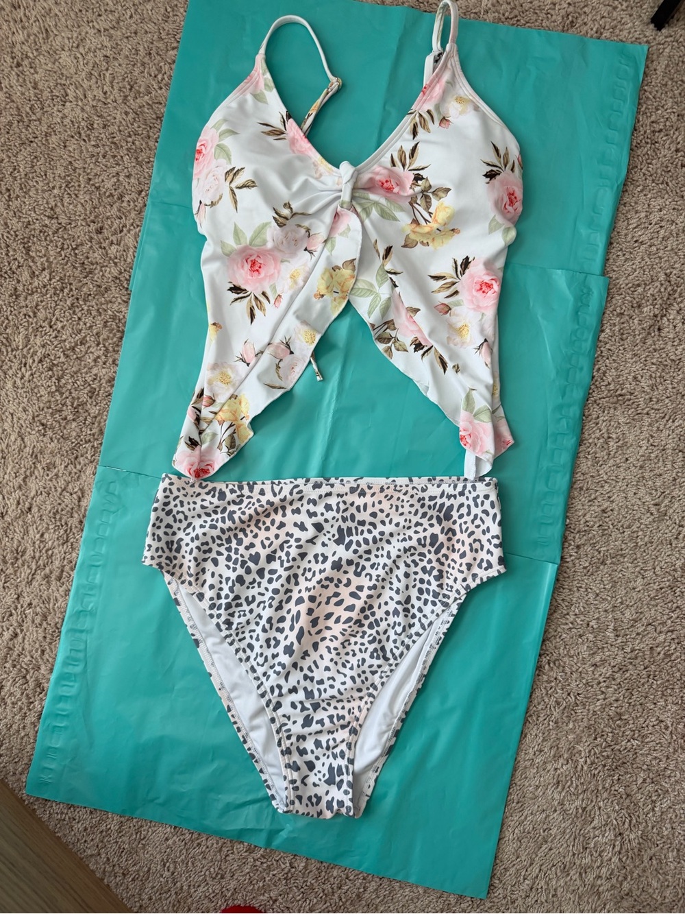 Floral Twist Front Tankini Top with Leopard High-Waist Bottom